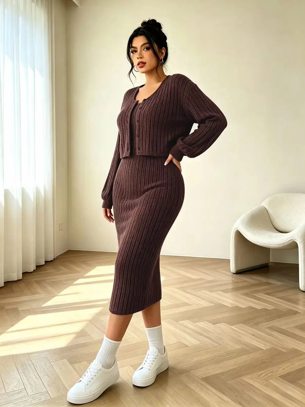 Plus-size women's new autumn ribbed knit drop-shoulder front-button jacket and fitted midi dress