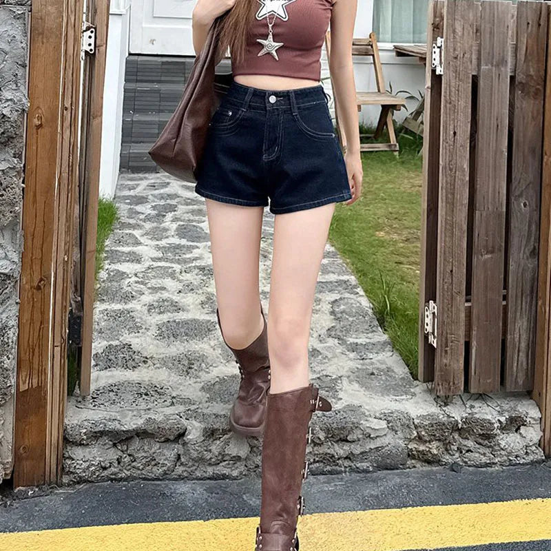 Casual Denim Shorts Women Summer Slim Fit High Waisted Pockets Hot Mini Pants Female Deep Blue Versatile Slimming Short Jeans