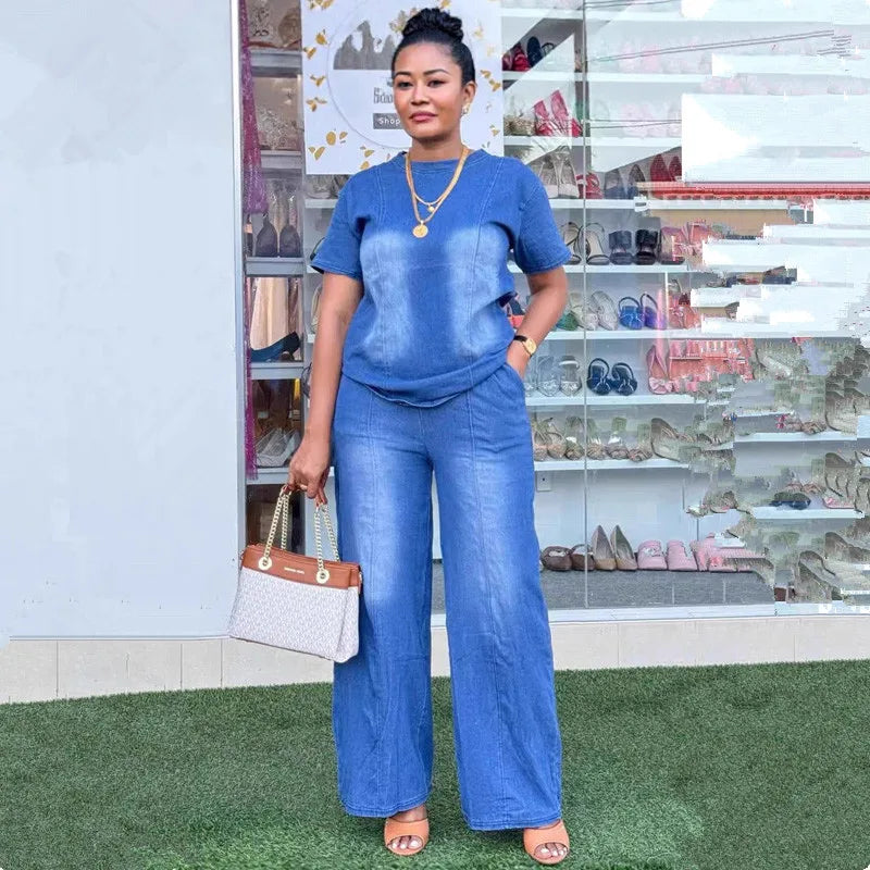 Fashion Women Two Piece Sets Denim Round Neck Short Sleeve Tops Casual Loose Wide Leg Long Pants Set High Waist Y2k Streetwear
