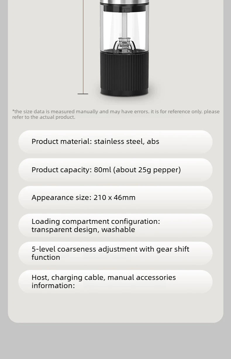 Rechargeable Automatic Salt Pepper Grinder Set Electric Grinding Mill with External Coarseness Adjustment Home Kitchen Gadgets