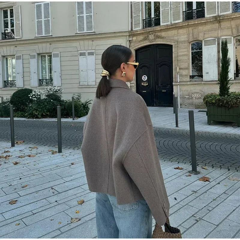 Solid Lapel Full Sleeve Coat  Elegant Single Breasted Pockets Short Loose Outwear For Women 2026 New Casual High Street Overcoat