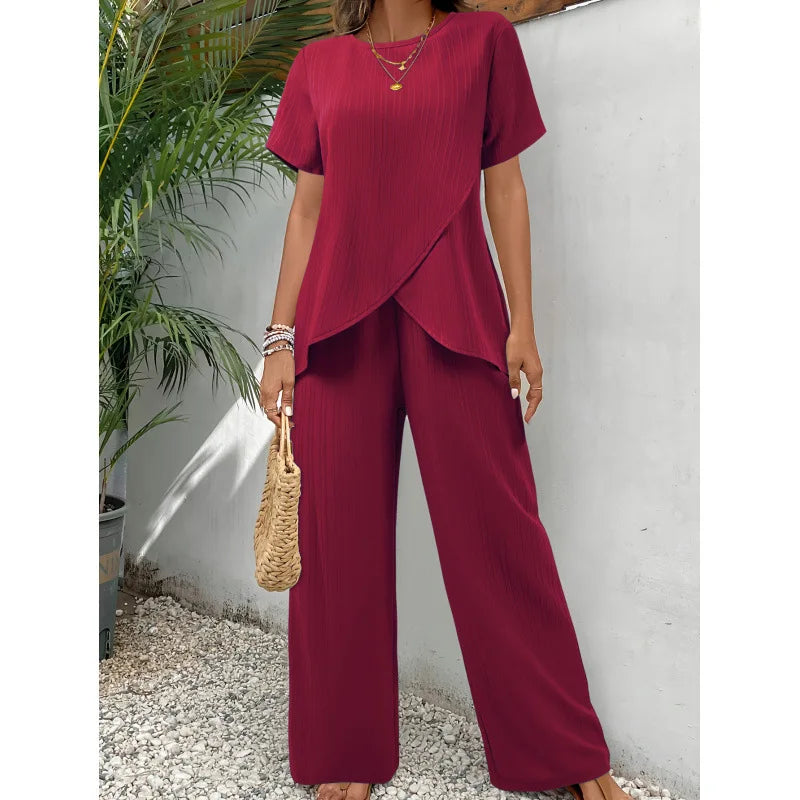 New Fashion Elegant Office Ladies Set Casual Set With Irregular Short Sleeve Blouses Loose Long Pants Two Piece Outfit Women's