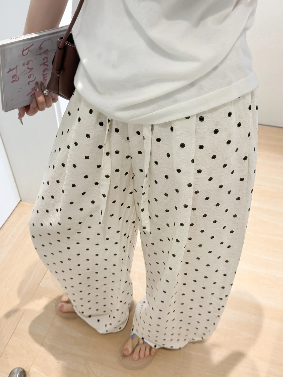 Linen Polka Dot Wide-Leg Pants for Women's Summer, Thin High-Waisted Loose and Laid-Back Style Yamamoto Pants, Casual Straight-L