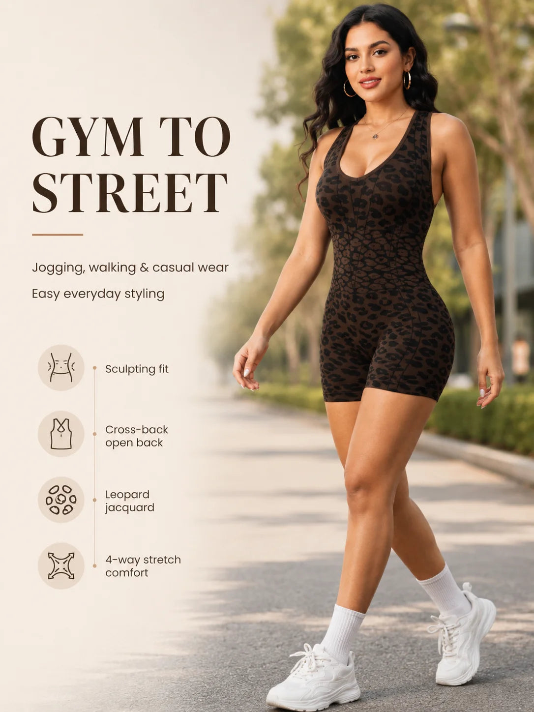 Women's Leopard Print Active Romper Bodysuit Cross-Back Open Design One-Piece Sculpting Fit Breathable Support for Workout Gym