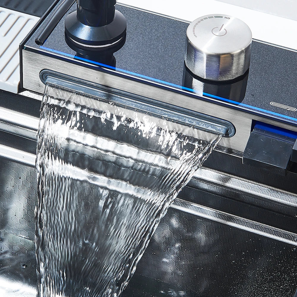 304 Stainless Steel Waterfall Kitchen Sink Large Single Slot Integrated Digital Display Faucet Set Soap Dispenser Cup Washer
