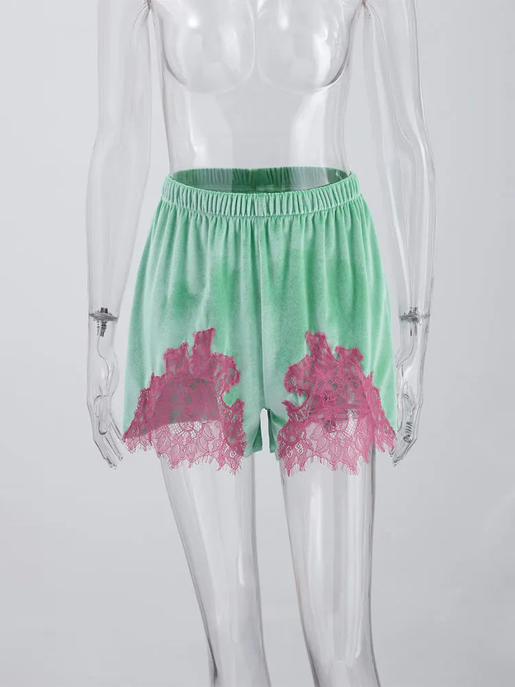 Y2K Velvet Lace Splicing Shorts Women Elastic Waist Contrast Pink Lace Trim Summer Loose Mini Pants Beach Vacation Wear Clothes