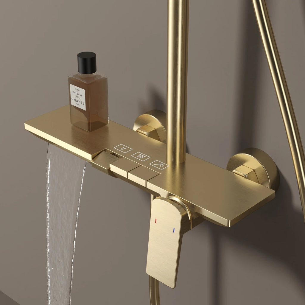 Brushed Gold Piao Bathroom Shower System Set Brass Waterfall Bathroom Faucet 12 Inch Rain Shower Head Hot Cold Piano Shower Set
