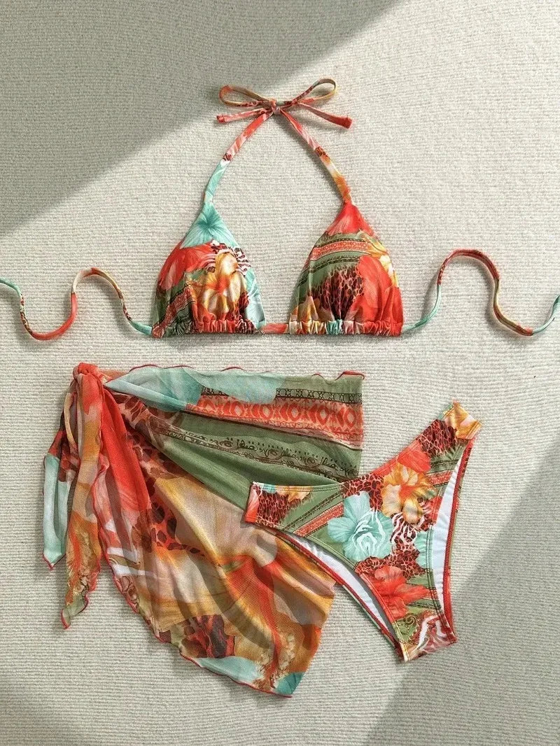 New Women's Retro Floral Print Apron Style Bikini Set 3 Piece High Waisted Tie Side Swimsuit Beach Vacation Swimsuit Biquine