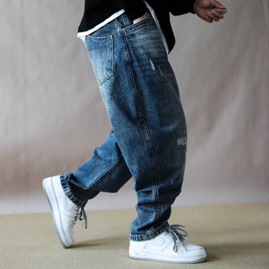 Mens Jeans American Vintage Light Blue Washed Distressed Ripped Patch Baggy Loose Curved Tapered Denim Pants Streetwear Hip Hop