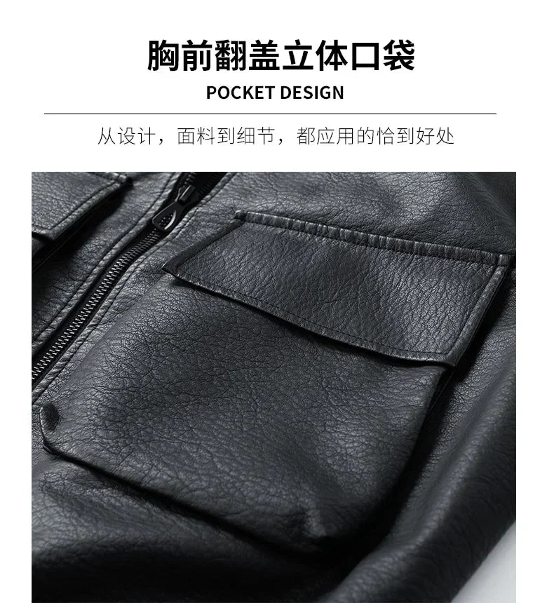 Men Trend Motorcycle Leather Jacket Bomber Pilot Retro Loose Pu Short Leather Jacket Autumn Winter New Lapel Big Pocket Coat
