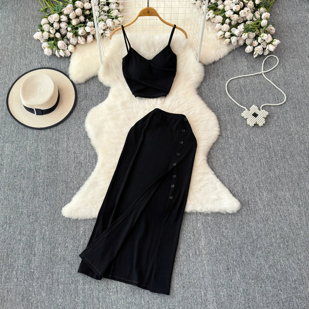 Sexy two Pieces Sets Chic Elegant  v neck slip camis with High Waist Hip Wrap Single Breasted split summer sweet Full Skir