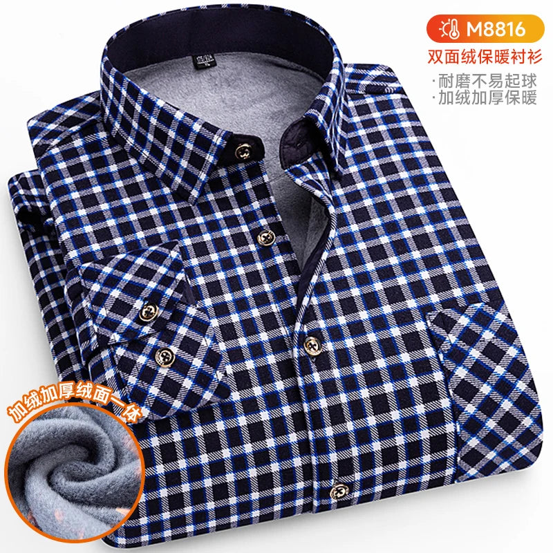 Winter Warm Shirts For Men Regular Fit Thicker Velvet Top Blouse Asia Plus Size Big Plaid Casual Clothing Long Sleeves Shirts