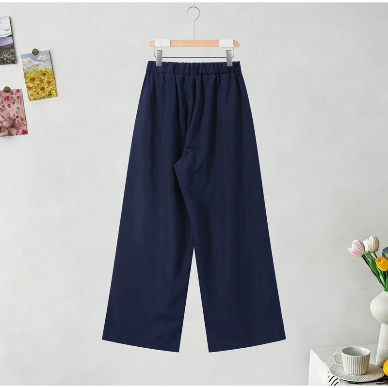 Loose Striped Contrast Wide Leg Pants Set Women Oversized Lapel Single Breasted Shirt Trousers 2026 Summer Lady Casual Outfits