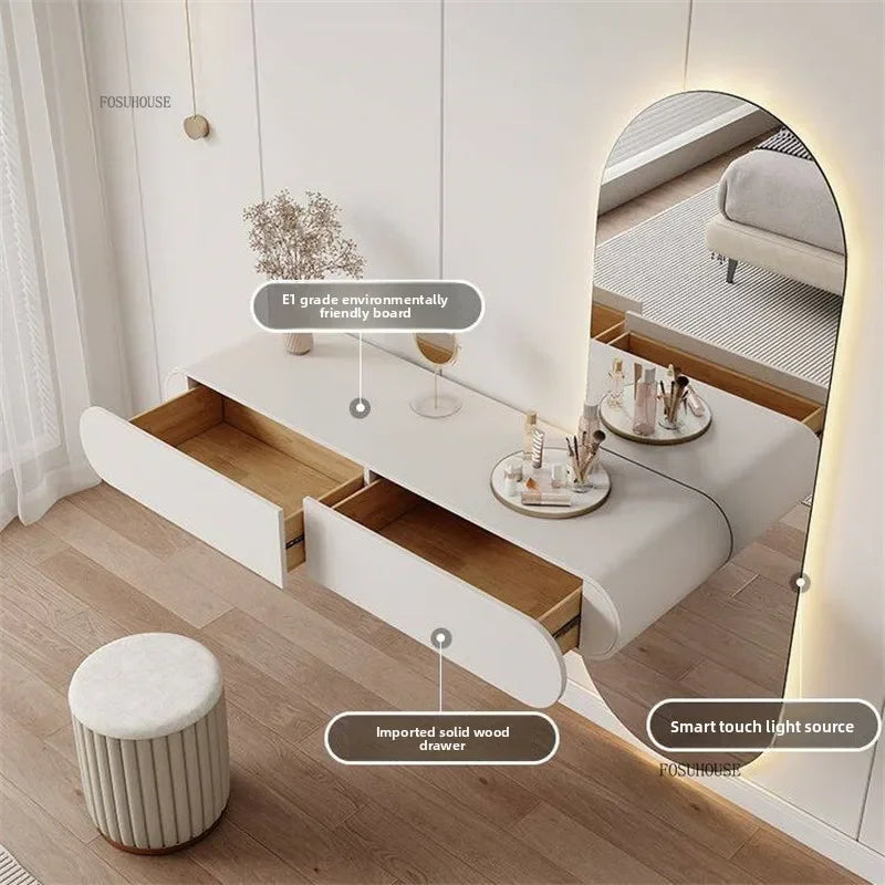 Nordic Wall-mounted Makeup Vanities Creative Bedroom Furniture with Full-length Mirror Vanity Desk Wooden Storage Dressing Table