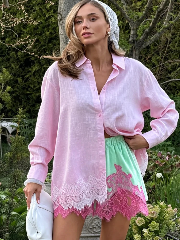 Y2K Velvet Lace Splicing Shorts Women Elastic Waist Contrast Pink Lace Trim Summer Loose Mini Pants Beach Vacation Wear Clothes