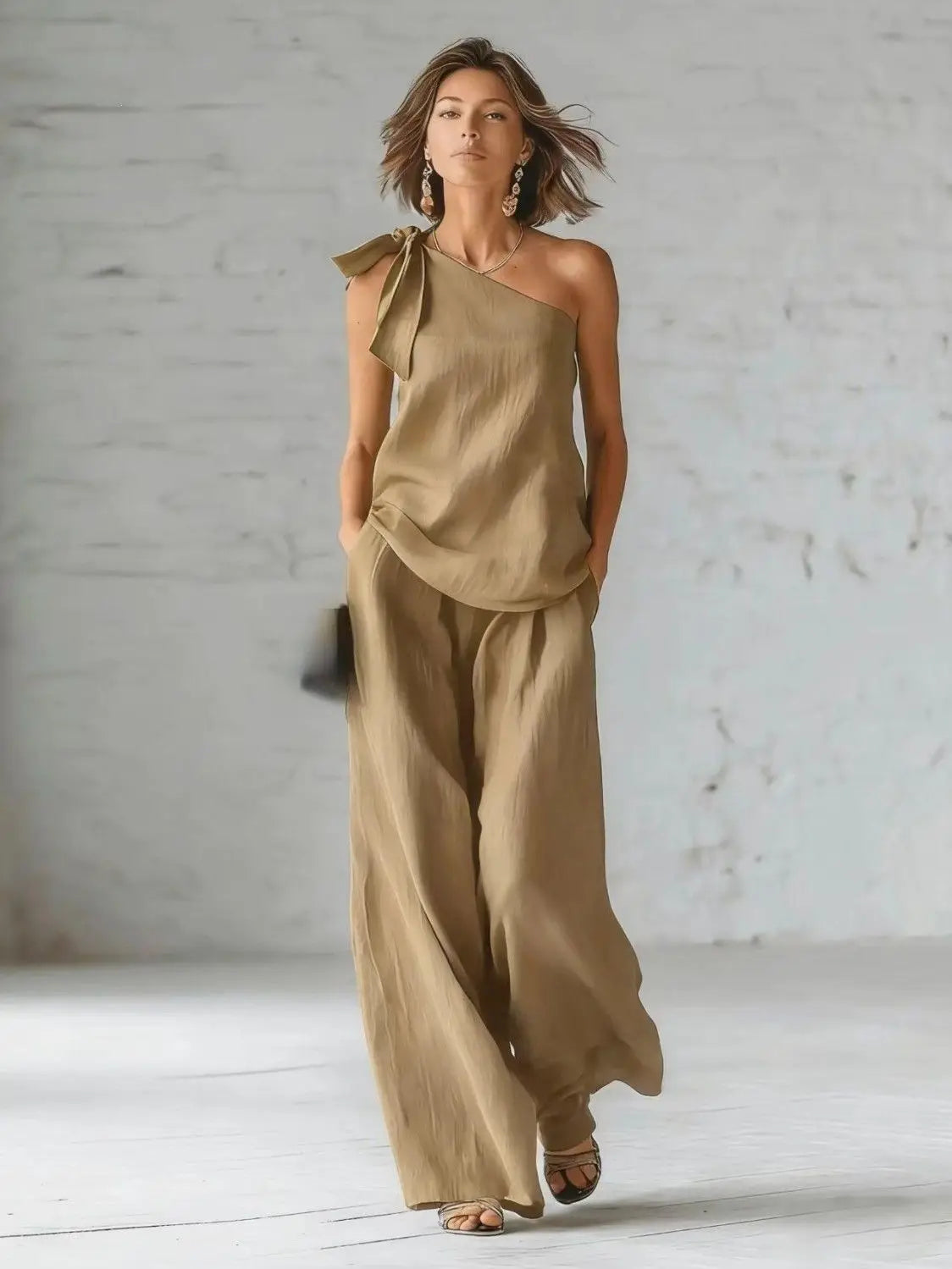 2026 Summer Sexy Off Shoulder Tank Tops Wide Leg Pants Two Piece Sets Casual Loose Solid High Waist Pants Sets Lace Tops Outfits