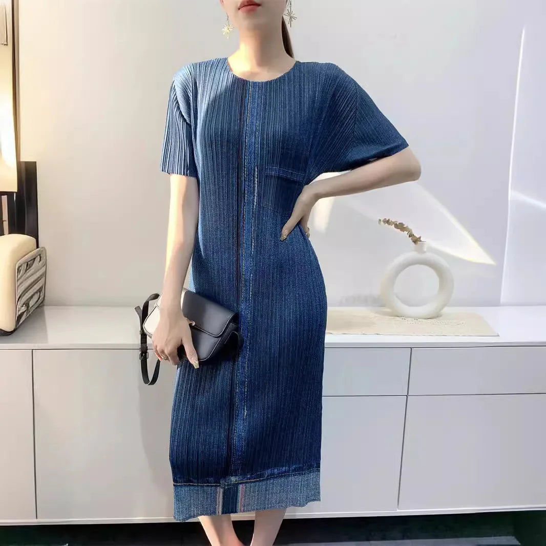Miyake Pleated Imitation Denim Dress 2025 Summer New Mid-length Slim and Thin Short-sleeved Pleated Skirt