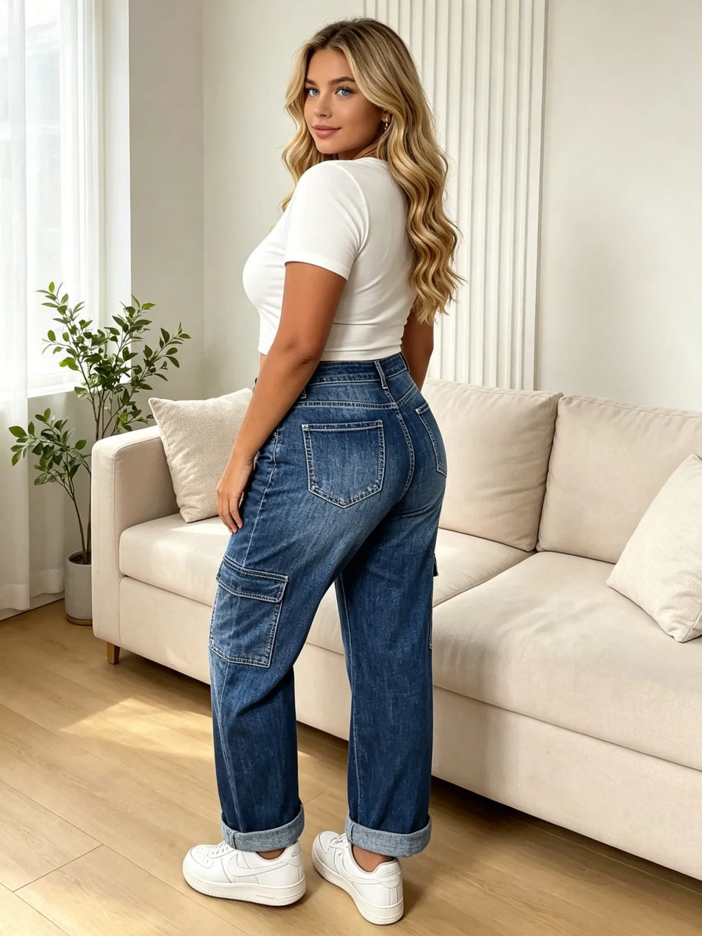【HME】Jeans | Women Cargo Denim Pants With Side Flap Pockets, Mid‑High Waist Rolled Hem Wide Leg Denim Jeans, Dark Vintage Washed Relaxed Fit Pants For Street Daily Casual Wear