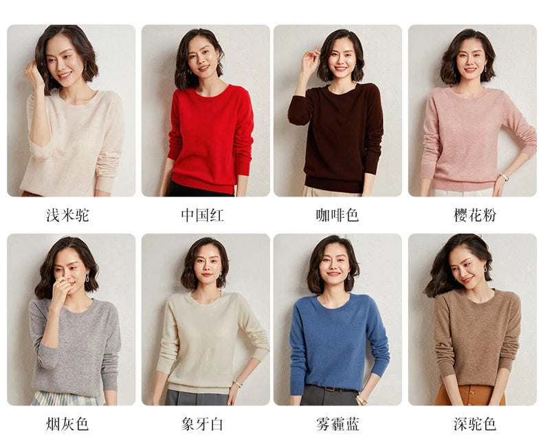 100%Merino Pure Wool Pullover Sweater For AutumnWinter Women's Round Neck Warm High-Quality Solid Color Basic Knitted Jumper Top