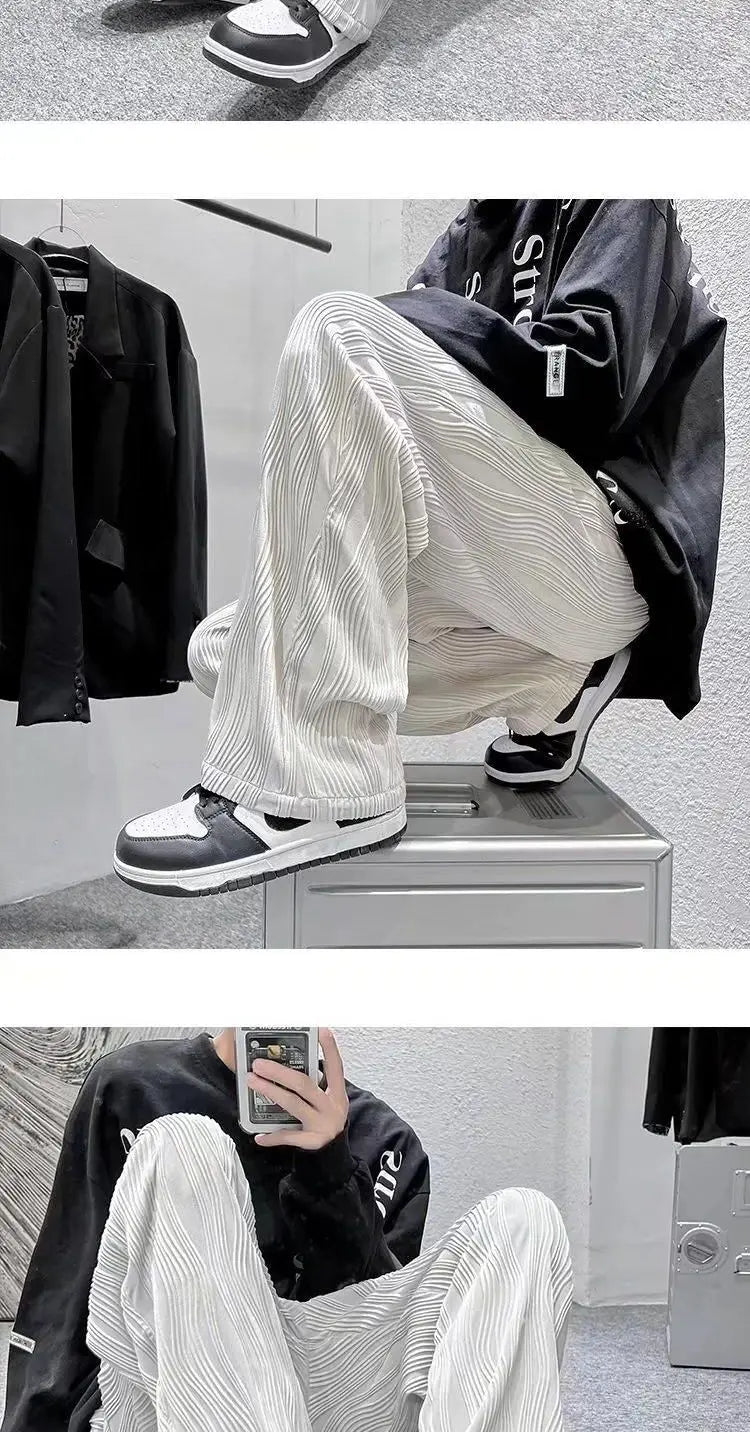 Summer Korean Fashion Simple Ice Silk Wide Leg Pants Men Solid Elastic Waist Pockets Thin High Street Loose Straight Trousers