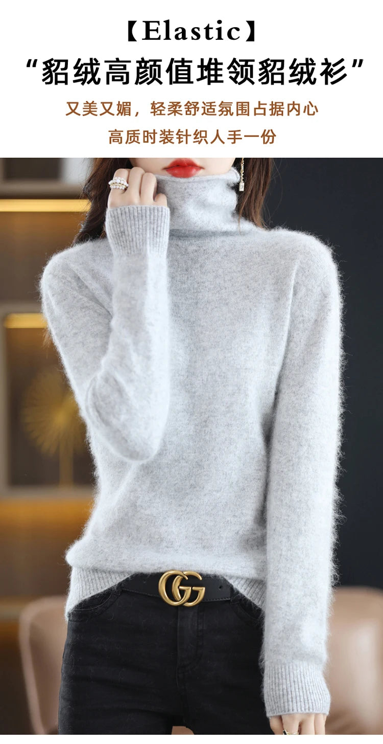 Women's Pile Collar 100% Mink Cashmere Sweater Winter High Collar Knitted Pullover Casual Short Thick Tops Loose Warm Base Shirt