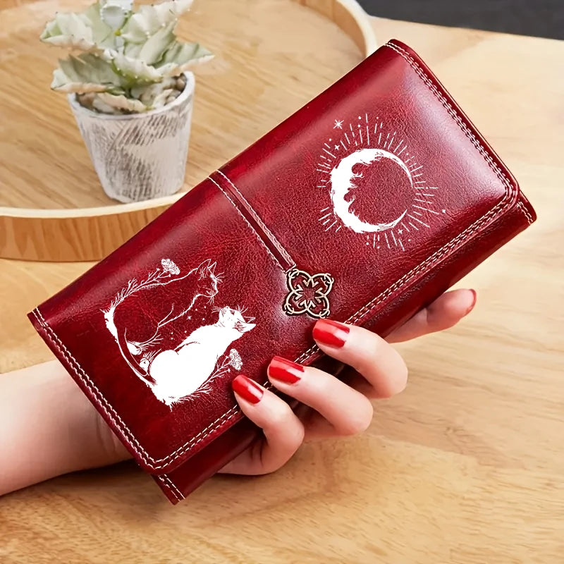 Gothic Moon Black White Cat Leather Wallet Luxury Long Purses for Cards Holder Wallets with Zip Coin Pocket Ladies Handbags