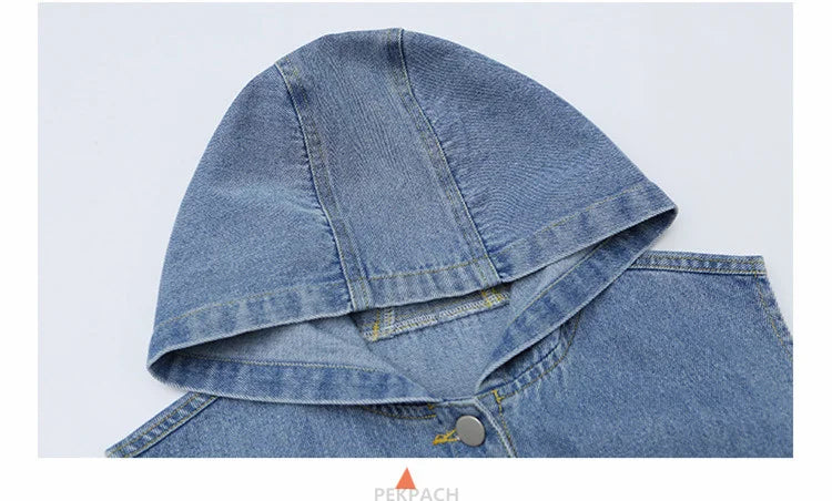 Korean Kids Vintage Hoodies Denim Vest For Girls Casual Streetwear Clothing Teens Child Hooded Denim Waistcoat Jacket Outfits