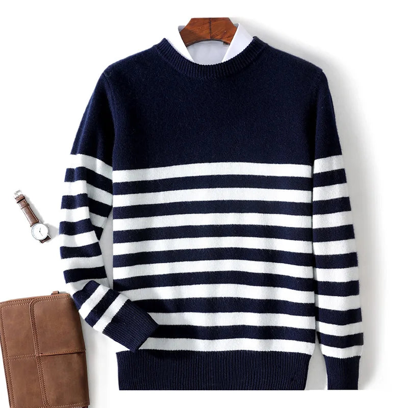2024 Autumn/Winter New Round Neck 100% Pure Wool Sweater Men's Casual Loose Thick Sweater Striped Knitted Base Cashmere Sweaters