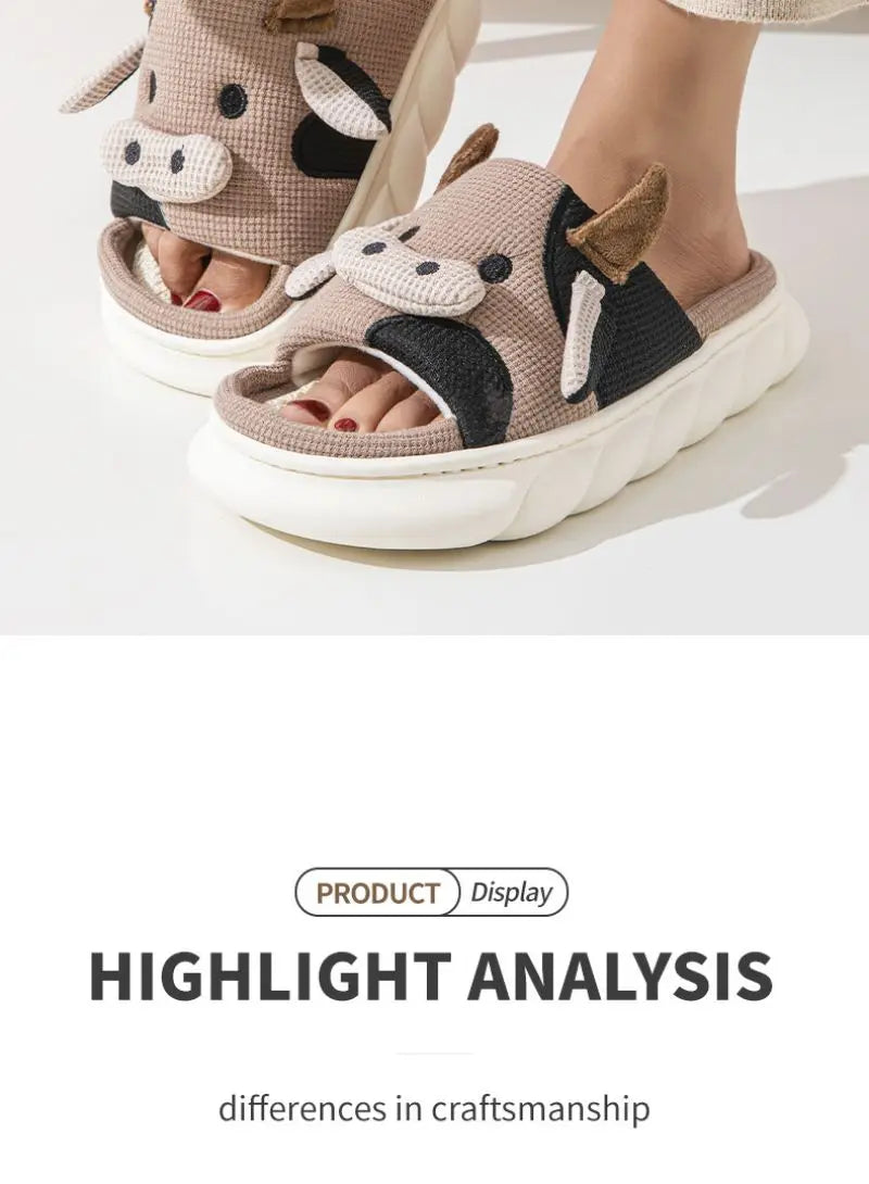 Cartoon Cute Cow House Slippers Women Platform Soft Sole Anti-slip Home Slides Woman Lightweight Warm Plush Indoor Cozy Slippers