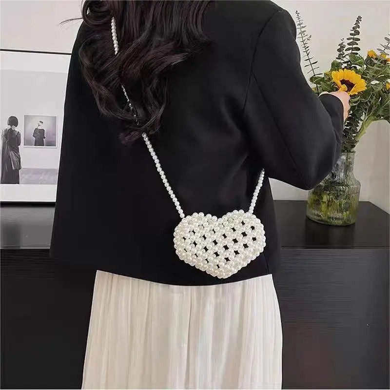 Pearl Beaded Heart Bag for Kids & Girls Sweet Love Shape Mini Fashion Handbag Cute Daily Accessory Gift Option