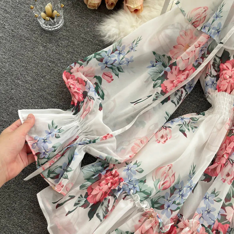 2025 New Retro Summer Beach Vacation Dress Women Sexy Strapless Lantern Sleeve Sweet Floral Jumpsuit Short Chiffon Print Dresses