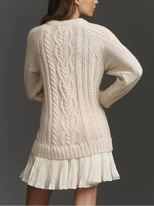 2025 Winter Long Sleeve Twist Knitted Sweater Dress Woman Ruffle Chiffon Pleated Dresses Fall Solid Warm A-Line Pullover Dress
