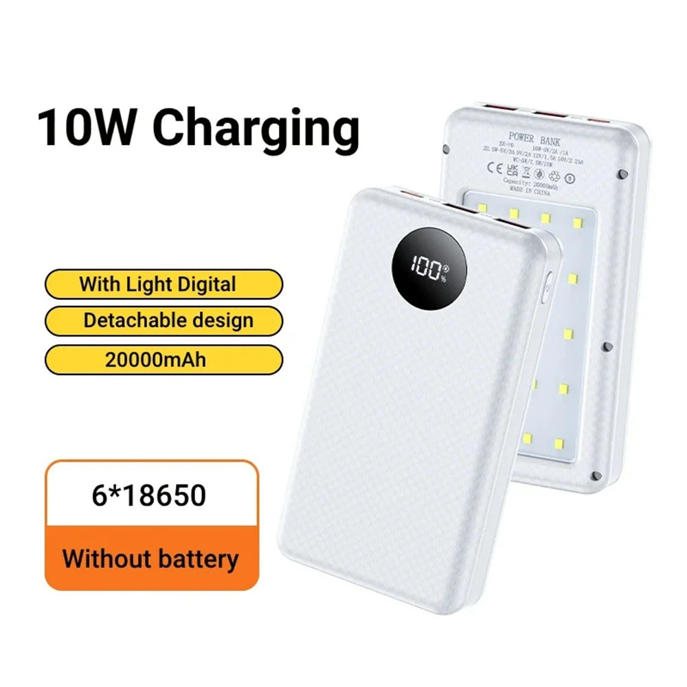 6x18650 Battery Holder 10W Fast Charging Digital Display DIY Mobile Power Case Dual USB Type C Wireless Charging Power Case