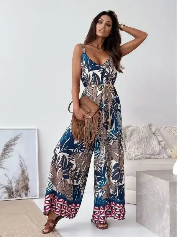 Pop Fashion Elegant V-neck High Waist Jumpsuit Women's Pattern Print Loose Long Romper Causal Sleeveless Wide Leg Playsuit Women