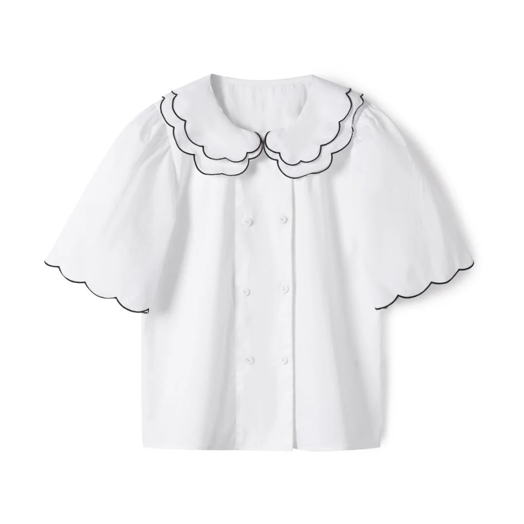 Young Girls Double Breasted Shirt Double Petal Collar High-Quality Fashion Children Short Sleeves Casual Clothing For Kid Girl