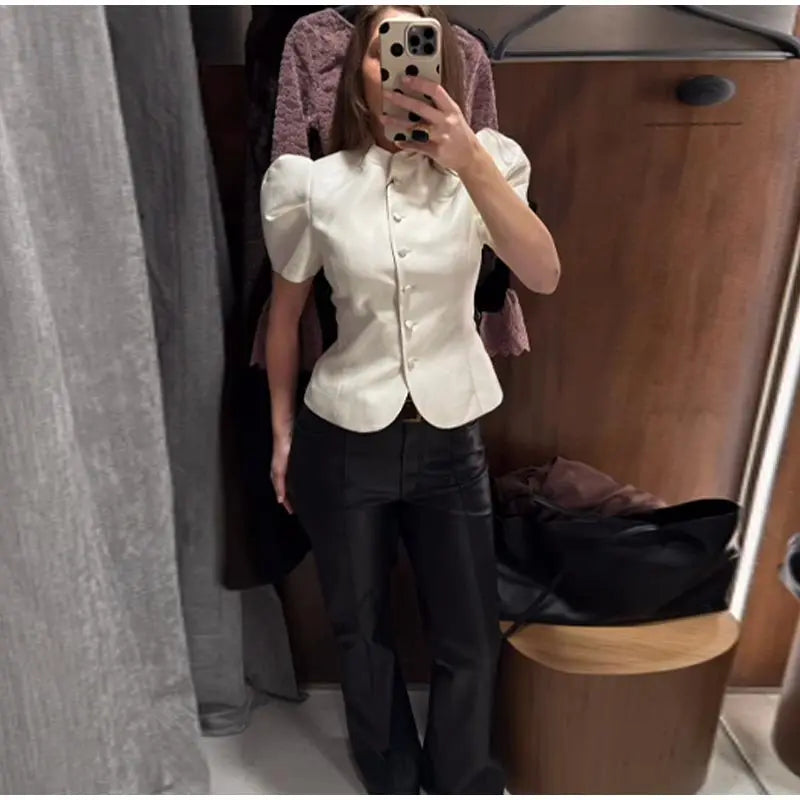 Solid Satin Lace V-Neck Puff Sleeve Blouse Curved Hem Slim Fit 2026 Summer Glam Women Satin Shirt Parisian Versatile Lady Blusa