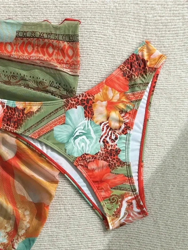 New Women's Retro Floral Print Apron Style Bikini Set 3 Piece High Waisted Tie Side Swimsuit Beach Vacation Swimsuit Biquine