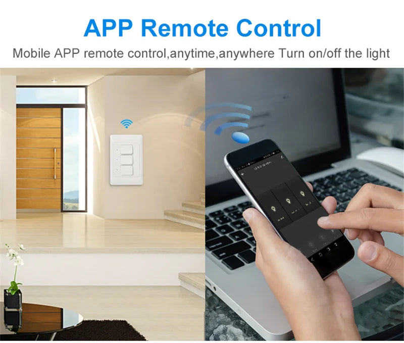 Tuya WiFi Light Switch Smart Wall Push Button Switches No Neutral Required 110-240V 1/2/3 Gang Physical Lamp Switch APP Voice