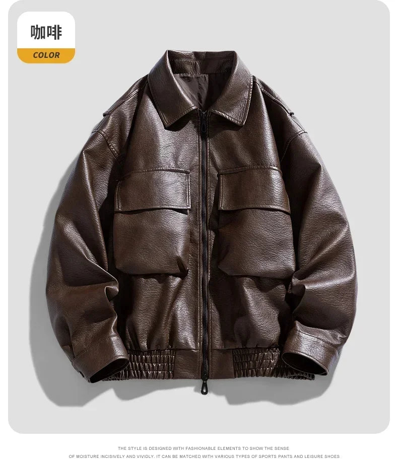 Men Trend Motorcycle Leather Jacket Bomber Pilot Retro Loose Pu Short Leather Jacket Autumn Winter New Lapel Big Pocket Coat