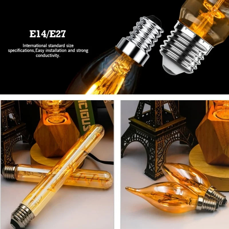 2-10pcs Retro LED Spiral Filament Light Bulb E14 E27 4W 220V Warm Yellow C35 A60 ST64 T185 T225 G80 G95 G125 Vintage Edison Lamp