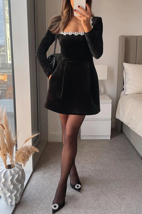 European and American Temperament Square Collar Diamond Setting Velvet Dress, Women's Spring Solid Color Long Sleeve Short Dress