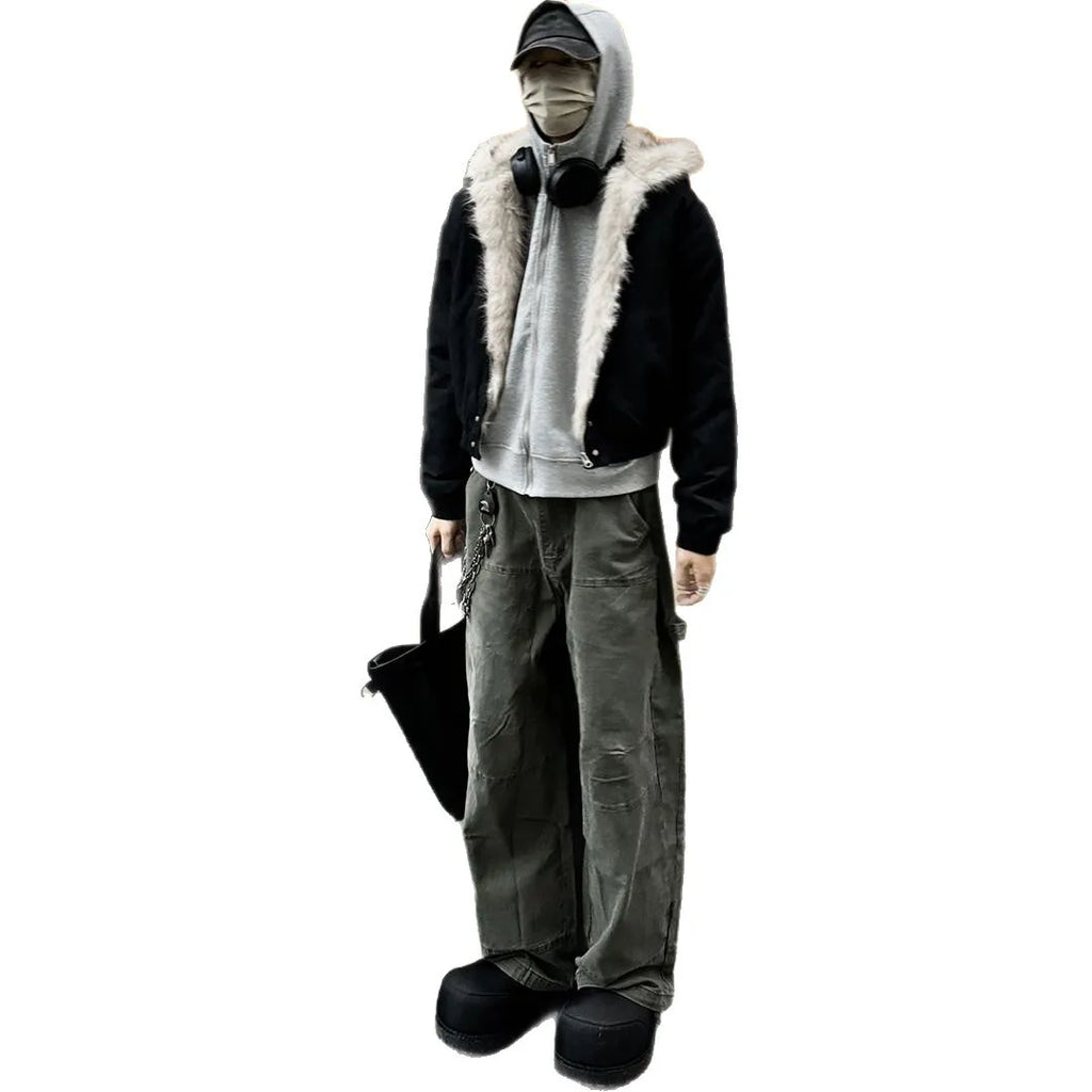 American Retro Lamb Fleece Cotton Jacket Winter Thickened Keep Warm Fur Collar Jacket Zipper Hoodie Loose Coat men clothing