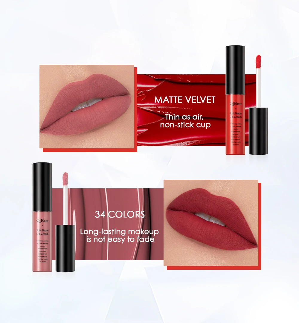 QIBEST Velvet Matte Nude Liquid Lipstick Makeup Sexy Red Lipgloss Waterproof Long-lasting Purple Black Orange Lip Stain Cosmetic