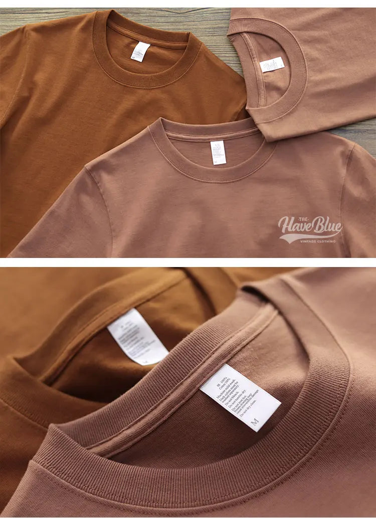 Have Blue Pure Cotton Base Shirt Solid Color T-Shirt American Retro Round Neck Short Sleeve Heavyweight T-Shirt for Men