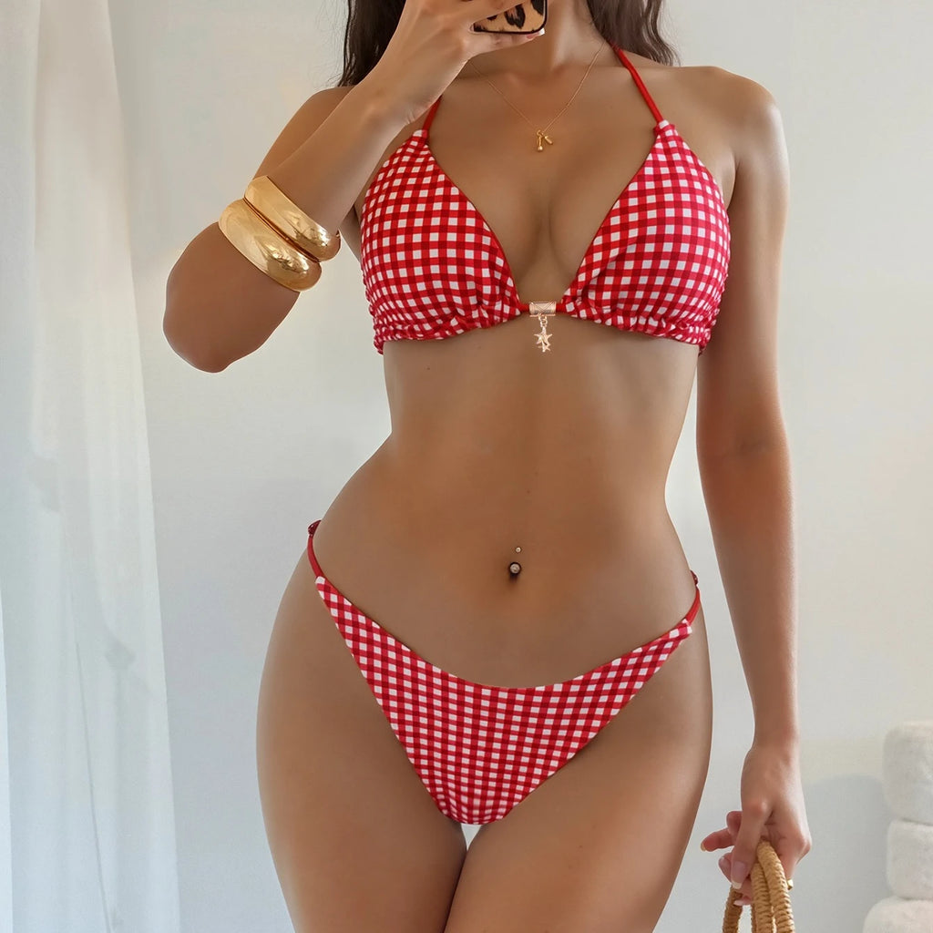 Retro Polka Dot Bikini Set Women Swimsuit Female Swimwear Micro Thong Bikinis Brazilian Halter Beach Wear Lace Up Bathing Suit