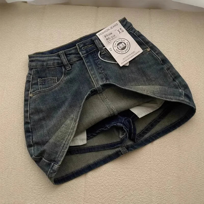 Sexy Retro Denim Skirt Women Anti-Light High Waist A-Line Slimming American Hot Girl Wrap Body Skirt Summer Fashion Mini Skirt