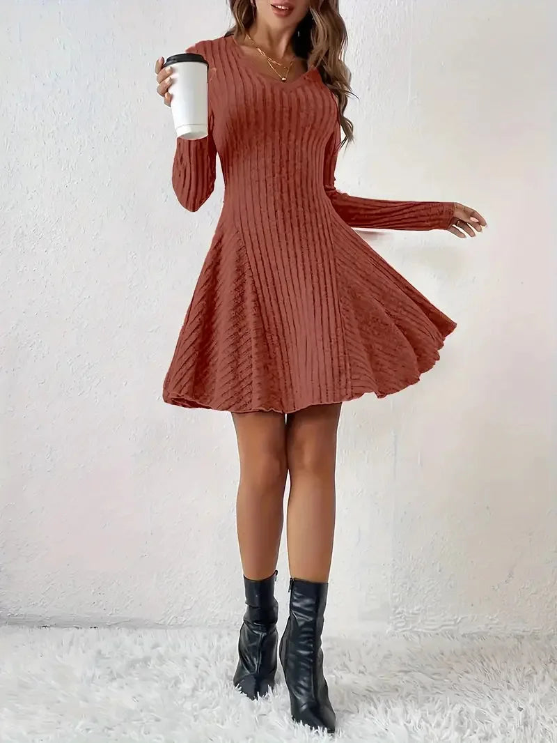 Women's V-Neck Knit Dress - Long Sleeve Swing Mini Dress, Elegant Bodycon Short Dress