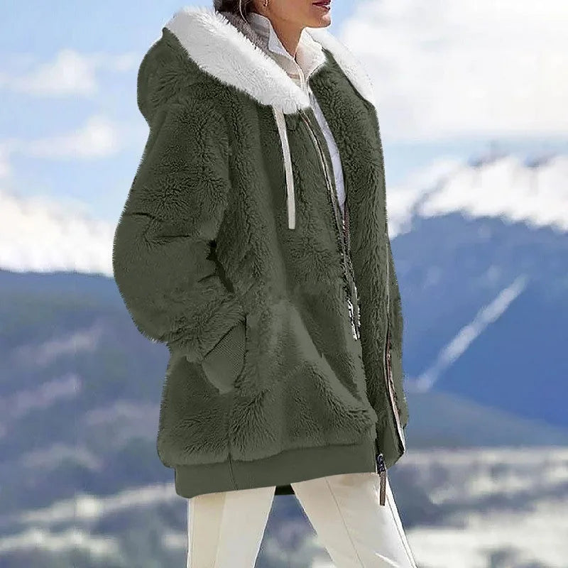New Style Winter Fashion Women's Coat Casual Hooded Zipper Ladies Clothes Cashmere Women Fleece Jacket Solid Color Ladies Coats