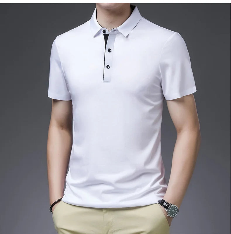 Bamboo Fiber Viscose And Cotton Blend Polo Shirt Men Short Sleeve Collar New Seamless T-shirt Summer Thin Lightweight Poloshirt