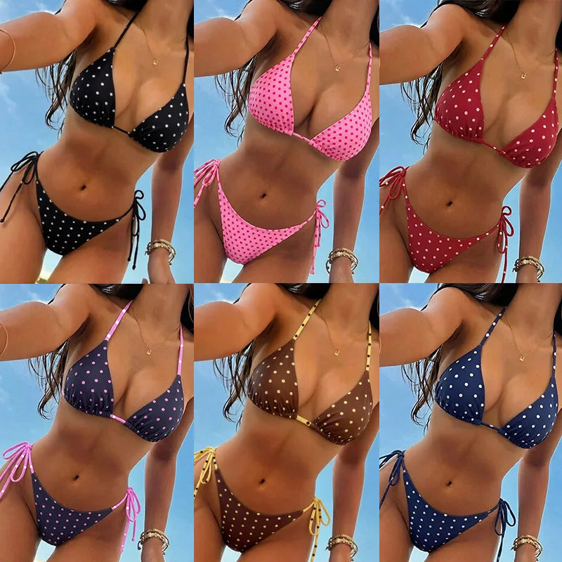 2026 Retro Polka Dot Tie Side Bikini Set for Women, Sexy Push Up Halter Neck Swimwear, High Waist Beach Bathing Suit, Summer